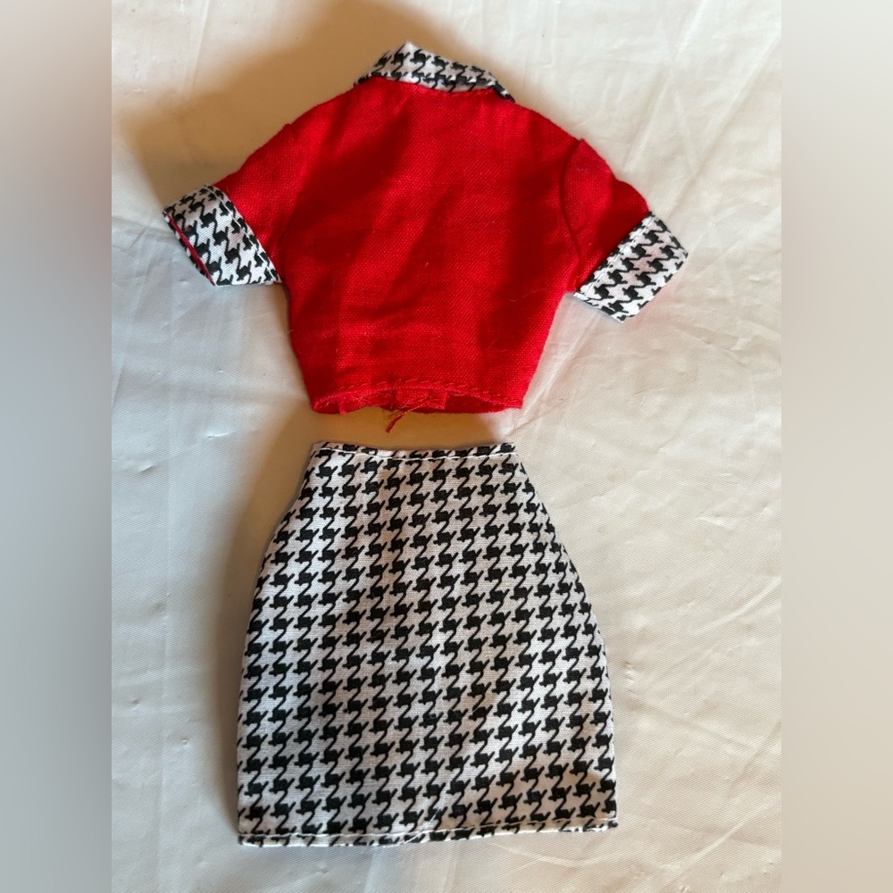 Barbie Vintage Black White Houndstooth Mini Skirt Red Top Matching Trim 90s